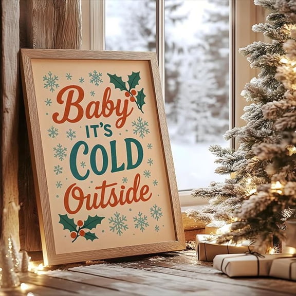 Retro Winter Festive Poster, Winter Festive Print, Baby Its Cold Outside, Winter Festive Typography Print, Unframed Canvas Size 8x12
