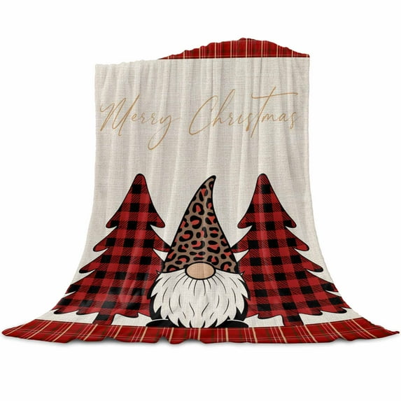 Retro Winter Gnome Flannel Blanket for Bed,Travel and Camping, Red Black Plaid Merry Christmas Tree Super Soft Cozy Blanket for All Seasons 60"x80"