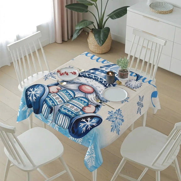 Retro Winter Gnome Table Cloth 54x54in, Waterproof Square Tablecloth Wipeable Tablecloths Watercolor Snowflake on Linen Table Covers for Dining Tables Party Indoor Outdoor