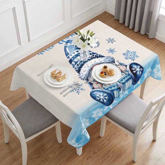 Retro Winter Gnome Table Cloth 60x84in, Waterproof Rectangle Tablecloth Wipeable Tablecloths Watercolor Snowflake on Linen Table Covers for Dining Tables Party Indoor Outdoor