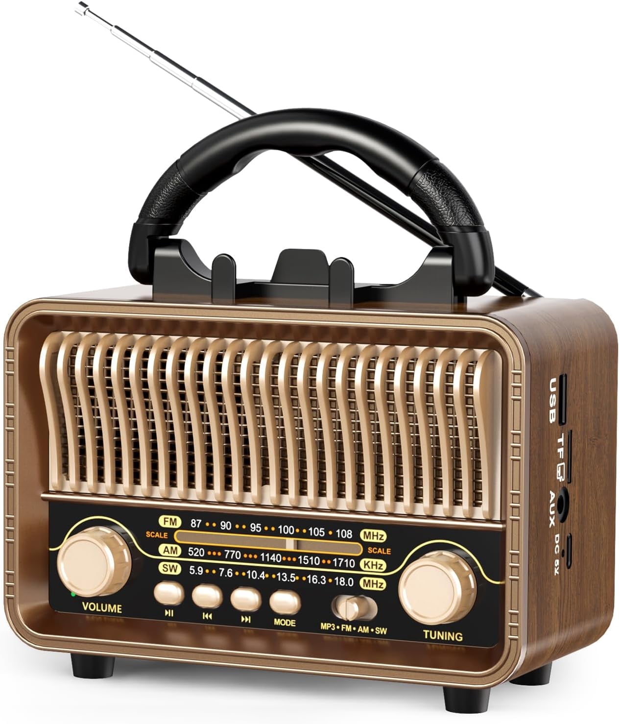 Retro Wireless Bluetooth Speaker, AM/FM/SW Radio Support TF Card AUX USB Player, Portable Retro Classic Table Radio for Kitchen Desk Bedroom Office Party Outdoor