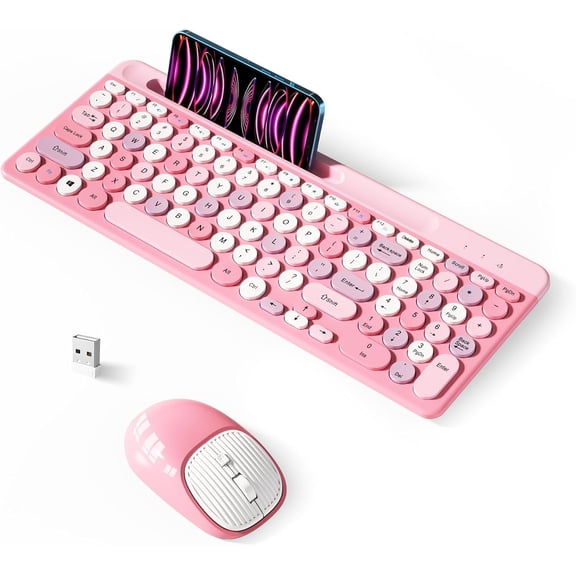 Retro Wireless Keyboard with Round Keycaps 2.4GHz Full-Size USB Cute Mouse for Computer Desktop Laptop and Computer (Pink-Colorful)