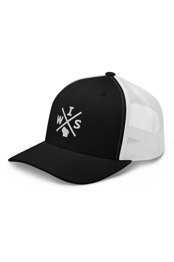 Retro Wisconsin Trucker Hat Mesh WIS Cross Trucker Cap (Black/ White)