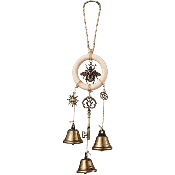 Retro Witch Bell Door Hanger Magic Key Bee Charm Metal Wind Chime Decor, Mystic Witch Door Knocker with Brass Bells Bee Pendant and Jute Rope for Front Door Home Halloween Christmas Cottage Decor