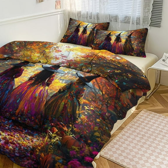 Retro Witches Halloween Pumpkin Duvet Cover King&Queen Size Soft 3 Pieces Set 1 Duvet Cover and 2 Pillow Shams with Zipper Closure 86"x70"