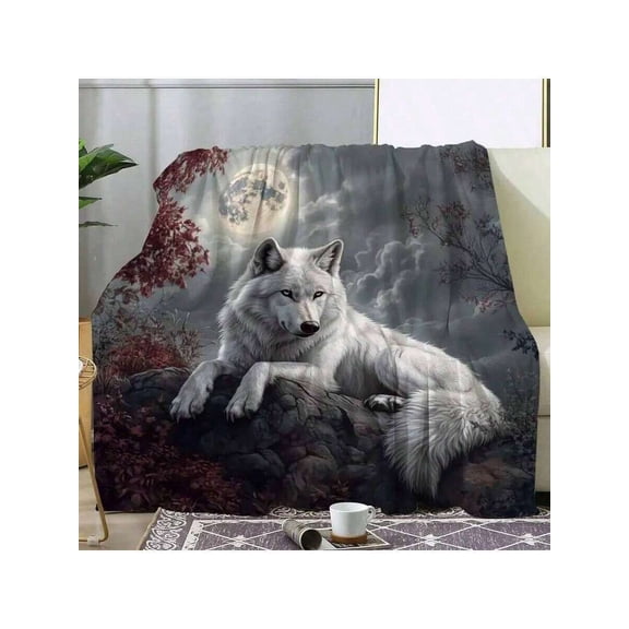 Retro Wolf Moon Print Blanket - Cozy Warm All-Season Throw for Sofa, Bed, Office, Camping, Travel - 100% Polyester Knitted Digital Print - Perfect Gift