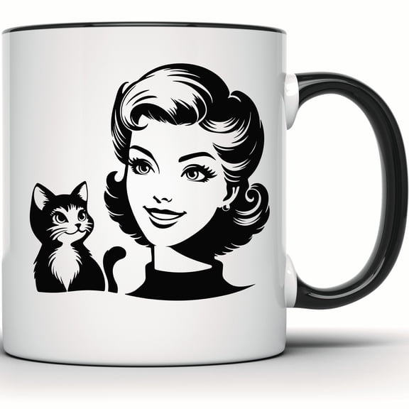 Retro Woman Cat Mug - Vintage Inspired Art - Mid Century Modern Style - Feline Lover Gift - Black and White Graphic Mug - 11 Ounce Black Rim Handle Novelty Coffee Cup - WMUG1894-BLK