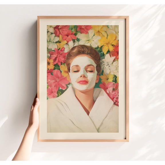 Retro Woman Spa Botanical Facial Room Wall Decoration, Unframed Paper Poster 8x10in