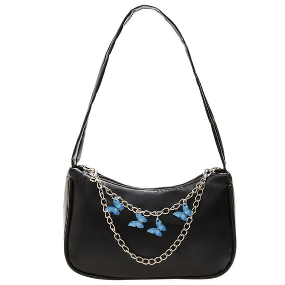 Retro Women Butterfly Chain Underarm Bag Casual PU Small Handbags (Black)