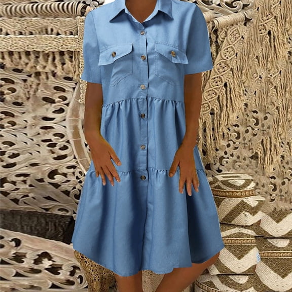 Retro Women Denim Shirt Dress Summer Casual Short Sleeve Turn Down Pockets Button Long Loose Dress Bathing Suit Skirts Long Women's Jacket Women Long Formal Jacket Women's plus Size Evening Wear