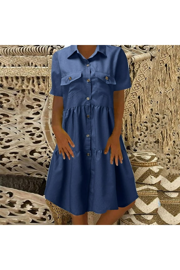 Retro Women Denim Shirt Dress Summer Casual Short Sleeve Turn Down Pockets Button Long Loose Dress Womens Formal Dress with Sleeves Satin Semi Formal Dress plus Size Dress Long Summer Long Formal Gown