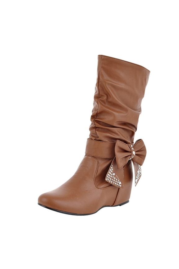 Retro Women Rhinestones Bow Tie Low Heeled Slip On Mid Calf Boots Round Toe Shoes Wide Calf High Boots for Women Wide Width Boots for Women Wide Calf Tall Boots for Women with Heel Wide Calf Dark Wide