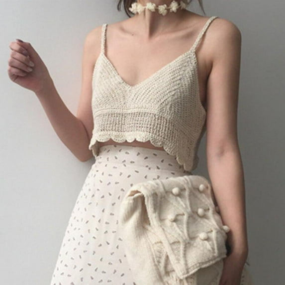 Retro Women Tank Tops Knitted Hook Stripe Hollow Out Irregular Crop Tops Slim Halter Shirt Vest