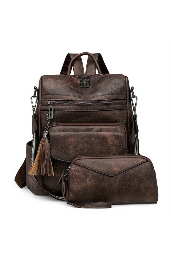 Retro Women's Backpack Set, Mixed Color Fringe Backpack, Large Capacity Portable Backpack