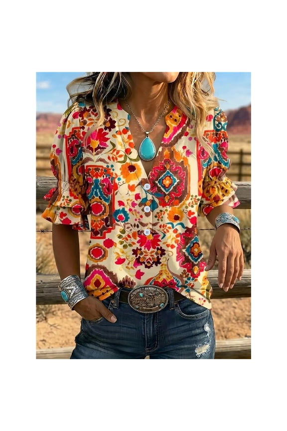 Retro Women's Bohemian Print Blouse, Polyester V-Neck Button Down Shirt with Ruffle Puff Short Sleeves, Casual Western Summer Top for Daily Wear