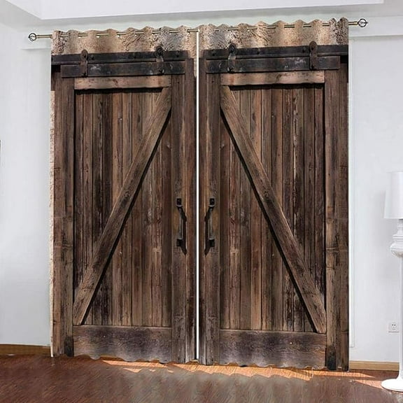 Retro Wood Barn Door Blackout Curtains, 3D Farmhouse Print Window Curtains, Thermal Insulated Darkening Grommet Drapes 53"W x 63"L (Pack of 2)