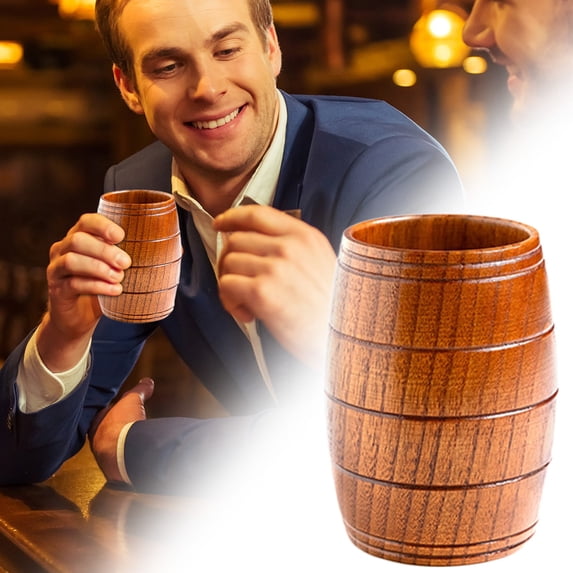 Retro Wood Barrel-Shaped Drinking Cup, Natural Wooden Mug for Beer, Tea, Coffee & Juice, Handmade Wooden Coffee Cup for Home Bar Cafe Decor & Camping Use, 4.13"