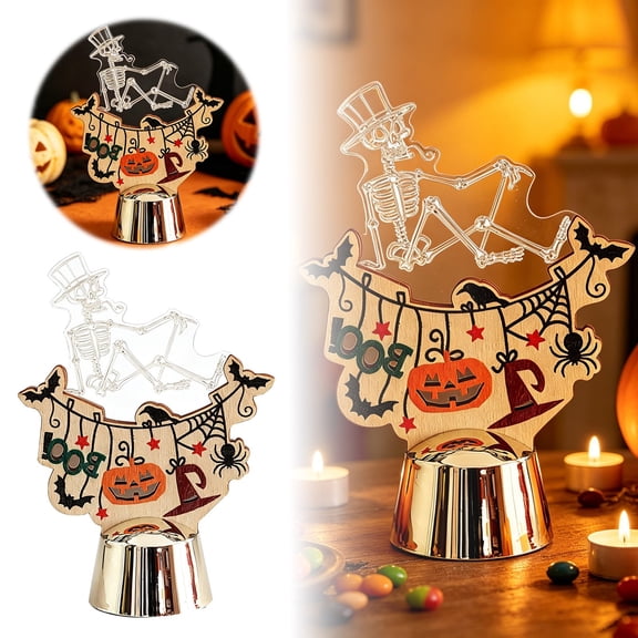 Retro Wood Base Halloween LED Night Light Skeleton Acrylic Silhouette Pumpkin Bat Spider Graphic Warm Ambient Glow Fall Season Fireplace Table Party Decor Statue