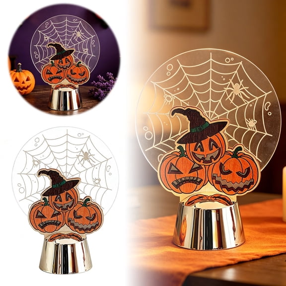 Retro Wood Base Halloween LED Night Light Skeleton Acrylic Silhouette Pumpkin Bat Spider Graphic Warm Ambient Glow Fall Season Fireplace Table Party Decor Statue