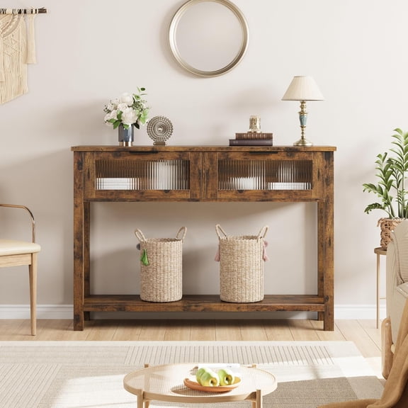 Retro Wood Console Table with 2 Glass Drawers, 2 Tier Entryway Sofa Table with Storage for Living Room & Foyer