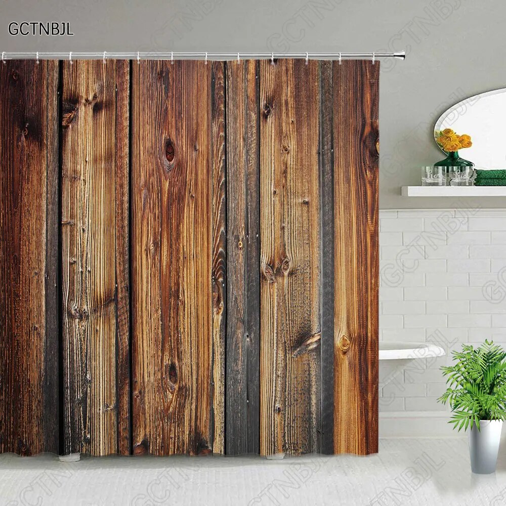 Retro Wood Doors Shower Curtain Set Rustic Old Vintage Barn door Fabric Bathroom Curtains Farmhouse Bath Decor Bath Screens Hook