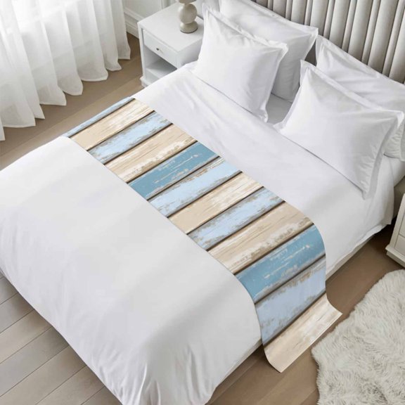 Retro Wood Grain Bed Runner Scarf, Blue Beige Board Farmhouse Countryside Twin Bed Scarf Runner, No Fading Decorative Bedding Scarf for Bedroom Hotels Homes and Guestrooms