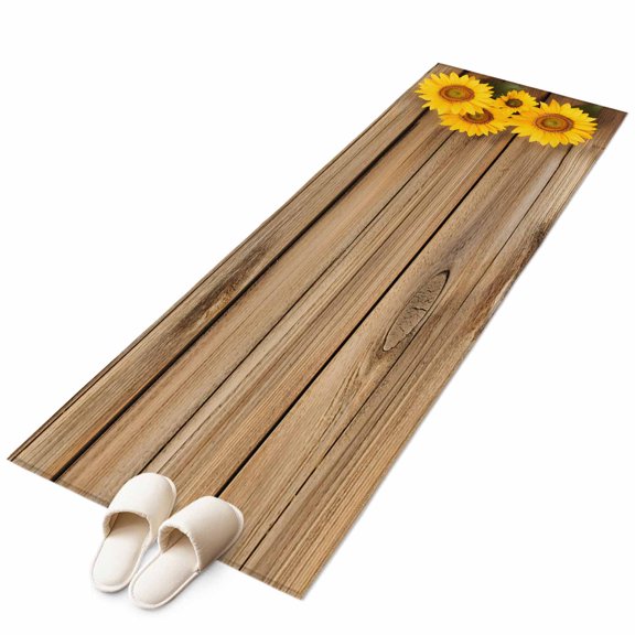 Retro Wood Grain Blossom Floral Non-Slip Non-Shedding Floor Mat, Spring Yellow Sunflower Washable Sturdy Carpet for Living Room Bedroom Home Decor