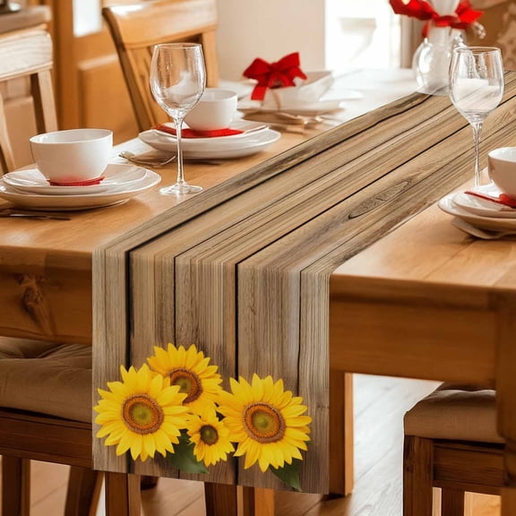 Retro Wood Grain Blossom Floral Table Runner 36 Inches Long,Kitchen Dining Tablerunners Spring Yellow Sunflower Linen Table Runners Dresser Scarves for Home Dinner Wedding Holiday Party Decor