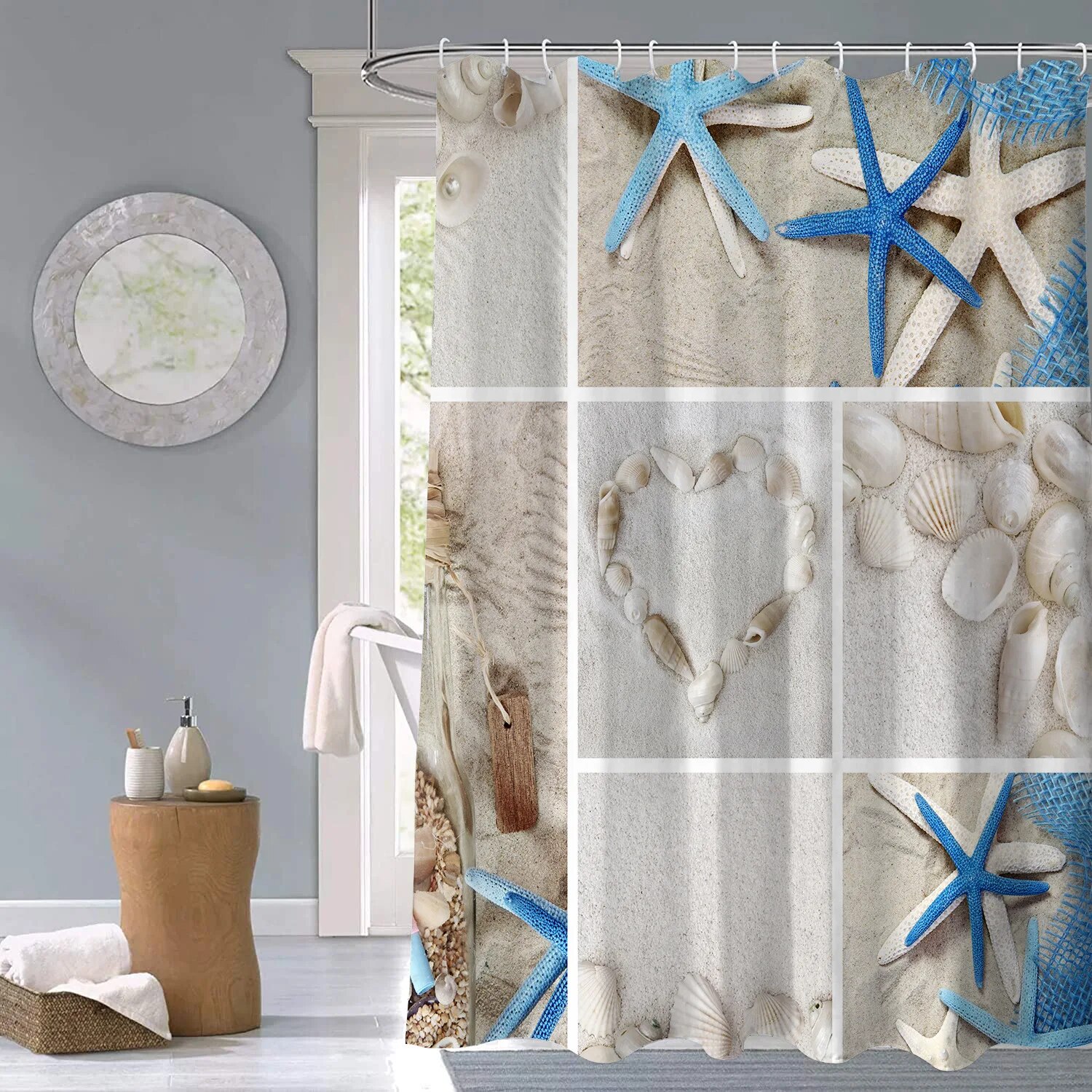 Retro Wood Grain Flowers Shower Curtain Rose StarfishBathroom