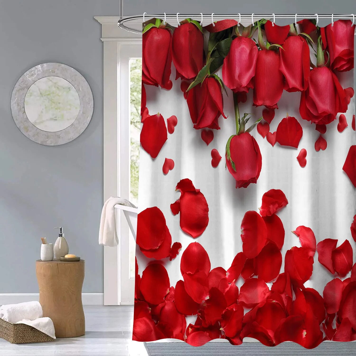 Retro Wood Grain Flowers Shower Curtain Rose StarfishBathroom