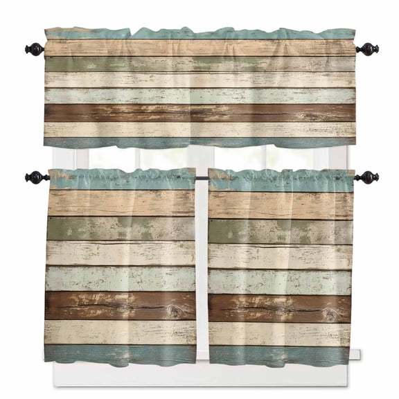 Retro Wood Grain Kitchen Curtains and Valances Set, Blue Brown Vintage Rod Pocket Window Valance 18 Inch Window Curtain Panels for Living Room Bedroom Laundry, 27.5x24in, 3 Pieces