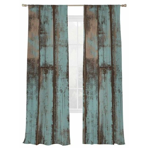 Retro Wood Grain Sheer Curtains 84 Inch Long 2 Panels, Gradient Barn Door Farmhouse Board Light Filtering Rod Pocket Semi Sheer Curtains, Sheer Voile Drapes for Living Room Bedroom, 52"x84"