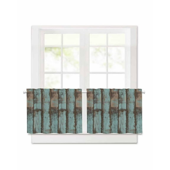 Retro Wood Grain Short Blackout Curtains 24 Inch Long Gradient Barn Door Farmhouse Board Rod Pocket Kitchen Curtains, 2 Panels Thermal Insulated Room Darkening Drapes for Bedroom, 42"W x 24"L