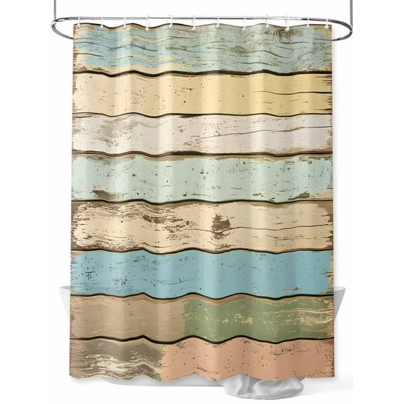 Retro Wood Grain Shower Curtain, Blue Yellow Green Vintage Waterproof Shower Curtain Set with 12 Hooks Lightweight Washable Fabric Shower Curtains for Bathroom 72x72 Inches