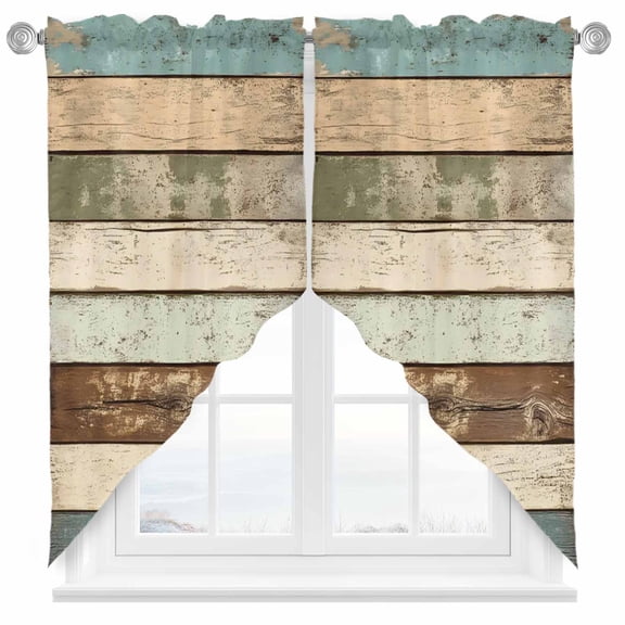 Retro Wood Grain Swag Valances for Windows 2 Pack Blue Brown Vintage Swag Kitchen Curtains 36 Inches Long Rod Pocket Short Window Treatment for Kitchen Bathroom 36"x36"