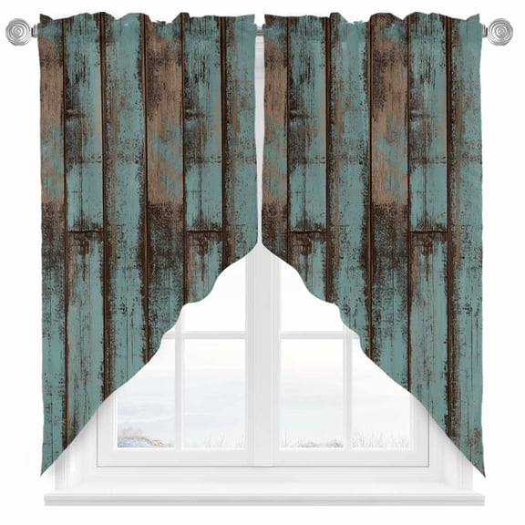 Retro Wood Grain Swag Valances for Windows 2 Pack Gradient Barn Door Farmhouse Board Swag Kitchen Curtains 63 Inches Long Rod Pocket Short Window Treatment for Kitchen Bathroom 36"x63"
