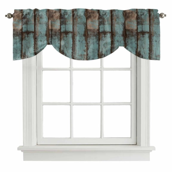 Retro Wood Grain Tie Up Window Valance Gradient Barn Door Farmhouse Board Tie-up Valance for Kitchen Windows Adjustable Small Curtain Balloon Shades for Kitchen Bathroom Cafe 42x12inch