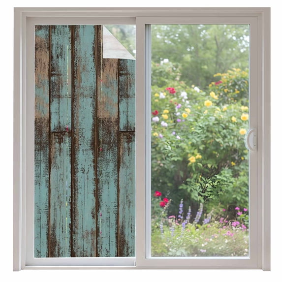 Retro Wood Grain Window Privacy Film Gradient Barn Door Farmhouse Board Decorative Glass Window Film UV Blocking Static Cling Non-Adhesive Sticker Covering for Home Door 35.4x78.7 inches