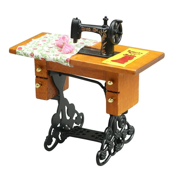 Retro Wood & Metal Mini Sewing Machine for Miniature Home Decoration Flower Pattern 35x80x80mm