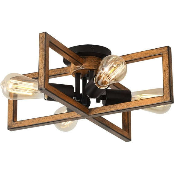 Retro Wood & Metal Semi Flush Mount Ceiling Light (4 Count)