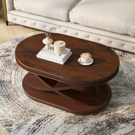 Retro Wood Oval Coffee Table With X-Shaped Base, Cocktail Table Sofa Center Table With Open Storage For Living Room Office Apartment