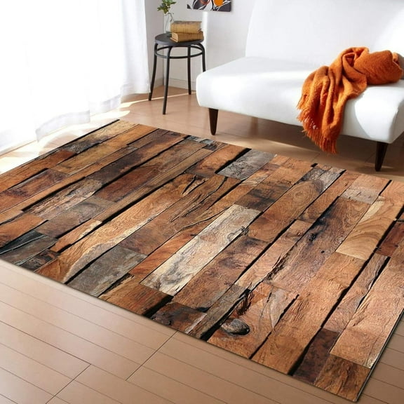 Retro Wood Plank Geometric Stripes Area Rugs, Distressed Farmhouse Rustic Wooden Planks Decorative Rug, Machine Washable Breathable Durable Carpet for Front Entrance Floor Decor-3x5ft