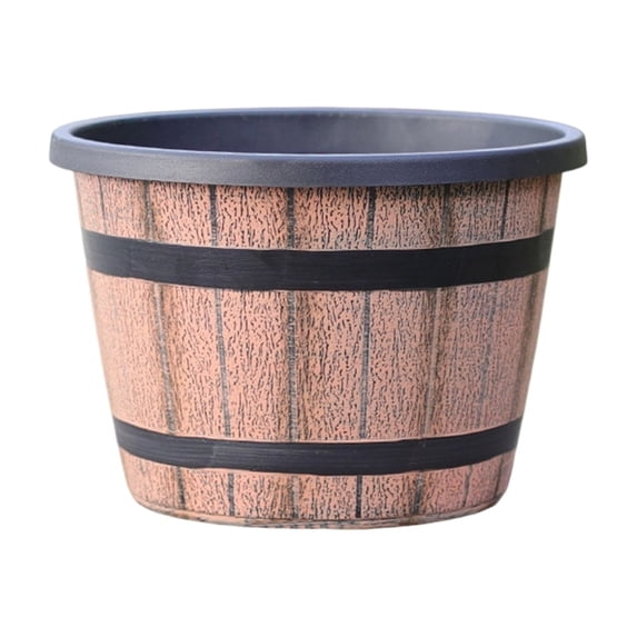 Retro Wood Planter Plastic Barrel Flower Pot with Bottom Drainage Holes for Indoor Outdoor Garden Plants Decorative Rustic Container Large Capacity Heavy Duty Planter Pot 8 x 5.5 Inches