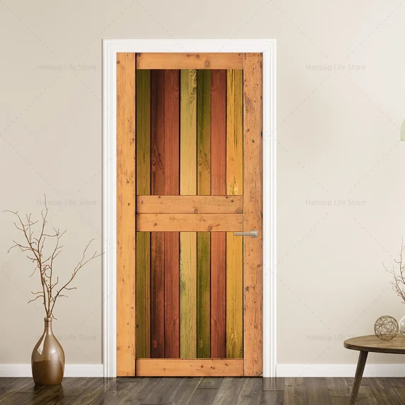 Retro Wood Printed Door Stickers Self-adhesive PVC D Realistic Vintage Wooden Door Wallpaper for Fri