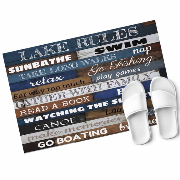 Retro Wood Texture Door Mat Lake Rules Swimming Boating Blue Brown Plank Non Slip Absorbent Entrance Mat Washable Low Profile Indoor Doormat for Front Door Entryway Entry 16"x24"