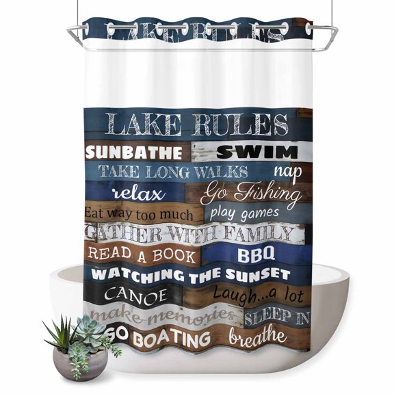 Retro Wood Texture No Hook Shower Curtain Lake Rules Swimming Boating Blue Brown Plank Shower Curtain with See Through Top Window, Waterproof Washable Fabric Curtain for Bathroom Hotel Decor, 72Wx96L