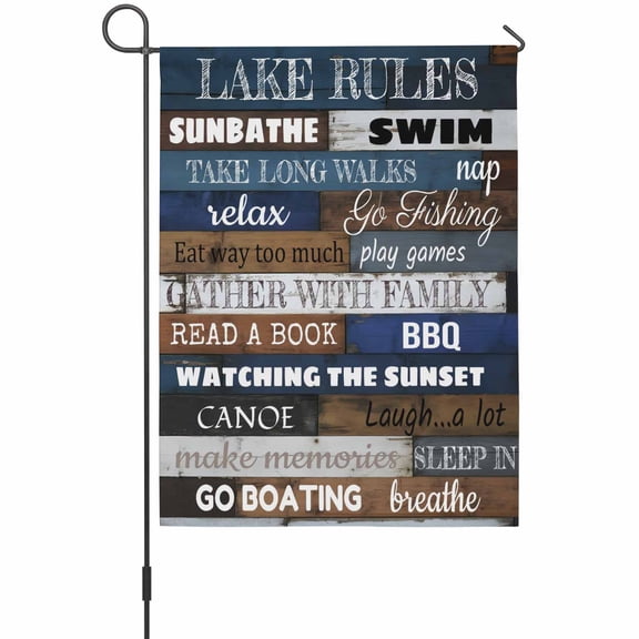 Retro Wood Texture House Flag 28 x 40 Inches, Lake Rules Swimming Boating Blue Brown Plank Weather Proof Outdoor Patio Flags Double Sided Small House Decoration for Yard Lawn Outside Home