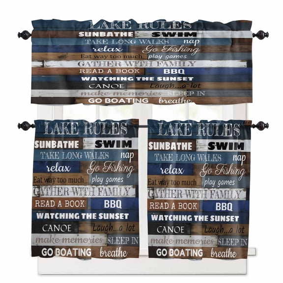 Retro Wood Texture Kitchen Curtains Valance and Tier Set Lake Rules Swimming Boating Blue Brown Plank Short Curtains for Small Window 3 Pieces Set for Bedroom Bathroom Cafe (54" x 18"+27" x 24")