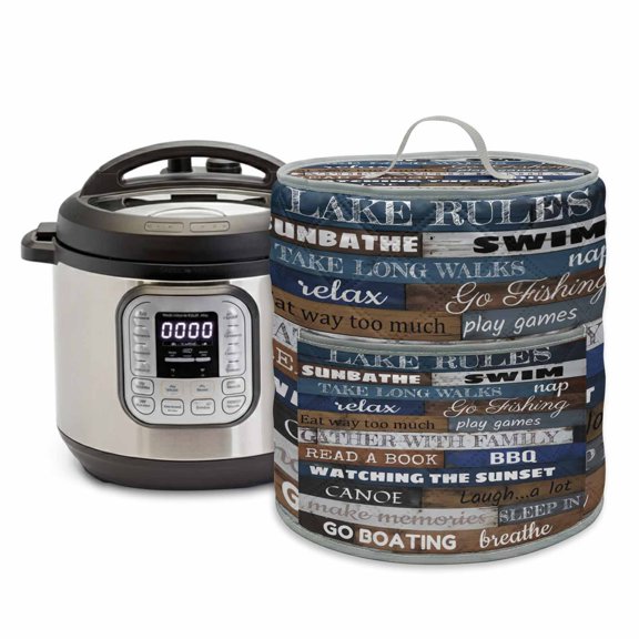 Retro Wood Texture Rice Cooker Cover 6 Quart Lake Rules Swimming Boating Blue Brown Plank Pressure Cooker Cover Appliance Protector Dust Case with Pocket and Handle for Kitchen