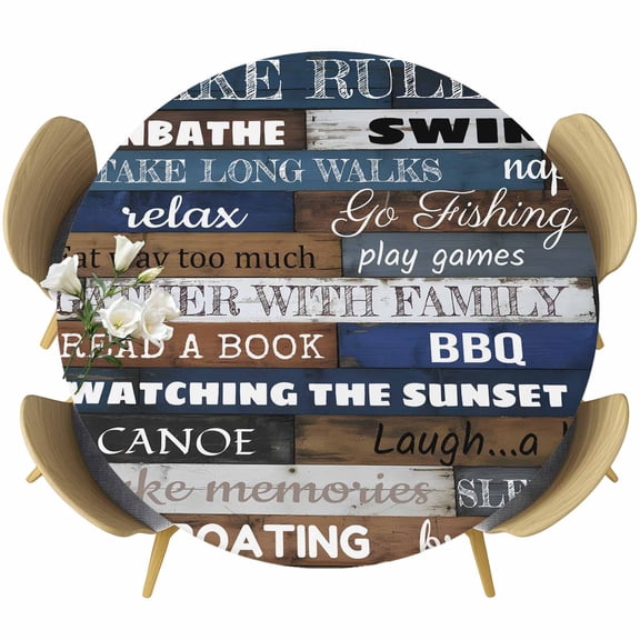 Retro Wood Texture Round Fitted Tablecloth with Elastic Edge, Lake Rules Swimming Boating Blue Brown Plank Stretch Table Covers for 36"-44" Tables Wipeable Table Cloth for Outdoor